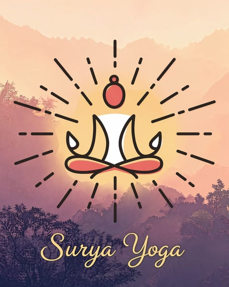 Surya Yoga — მედიტაციაში მჯდომი ფიგურა ამომავალი მზის სხივებში, მთების ფონზე